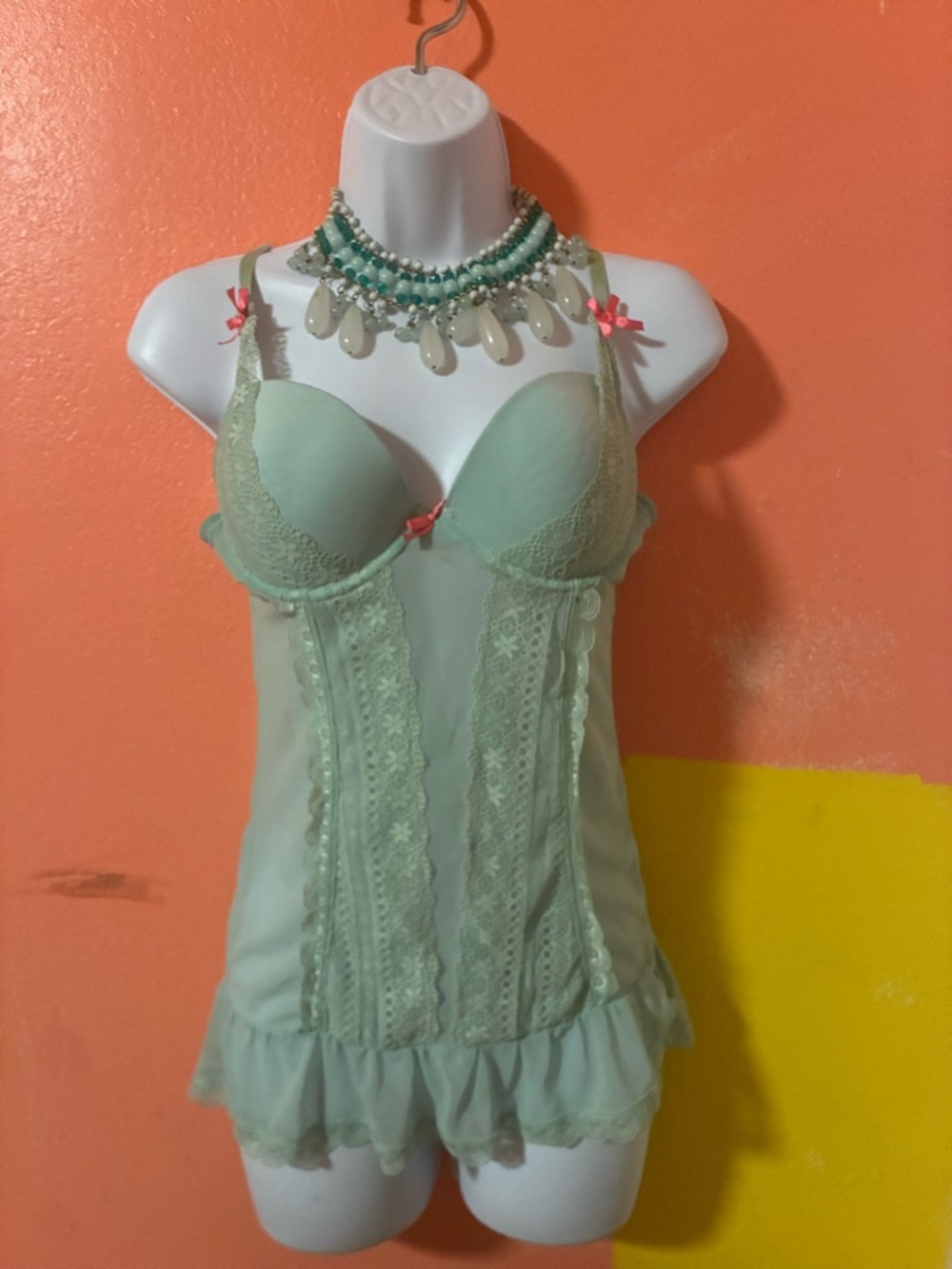 Sold 
Mint Green Sheer Lace Chemise with Underwire